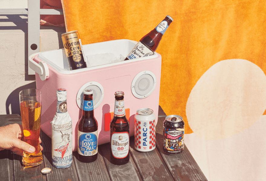 A sunnylife esky and non-alcoholic beer cans and bottles Sans Drinks