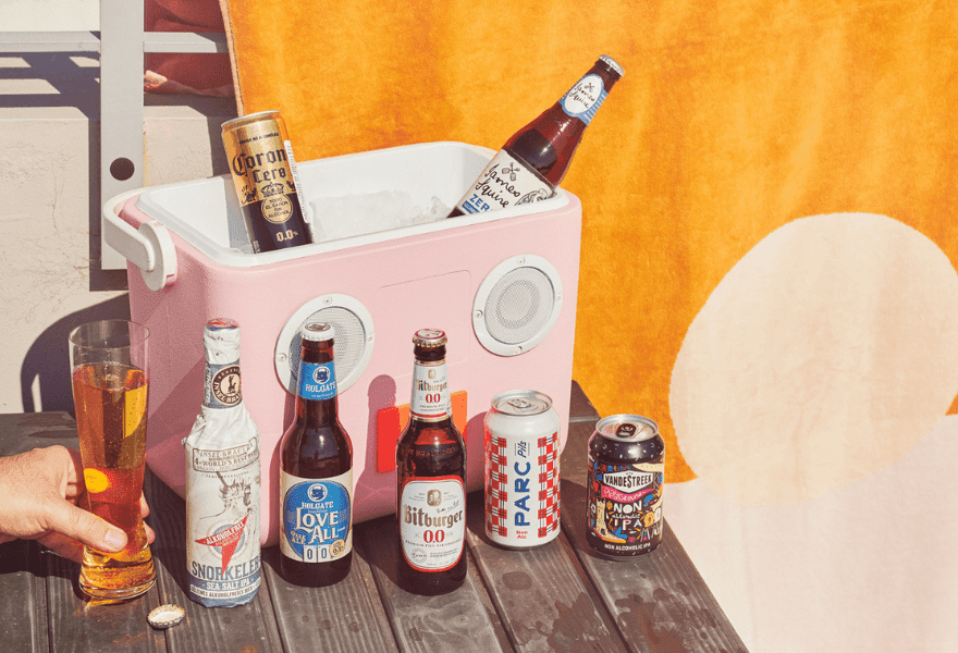 A sunnylife esky and non-alcoholic beer cans and bottles