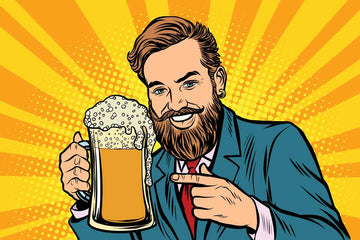 Pop Art of hipster pointing to his jug of beer