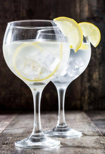 Two glasses of gin and tonic filled with ice and garnished with lemon slices