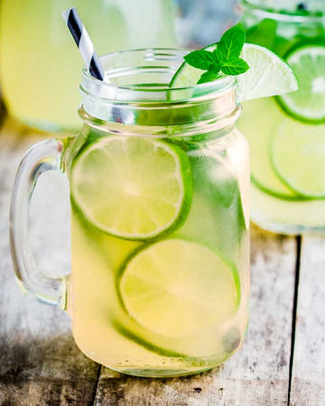 Ginger Beer Mojito Mocktail in a mason jar filled with ice and garnished with lime wheels and mint leaves