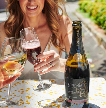 Irene Falcone drinking Edenvale Sparkling Shiraz Sans Drinks