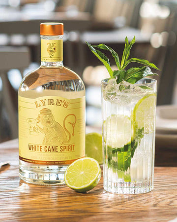 Bottle of Lyre's White Cane Spirit next to a mojito mocktail garnished with mint leaves and slices of lime Sans Drinks