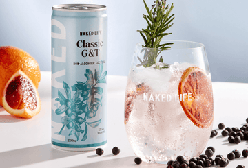 A can of Naked Life Classic G&T next to a non-alcoholic gin mocktail
