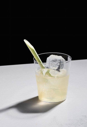 Gin mocktail in a glass filled with ice and garnished with a lemongrass stalk
