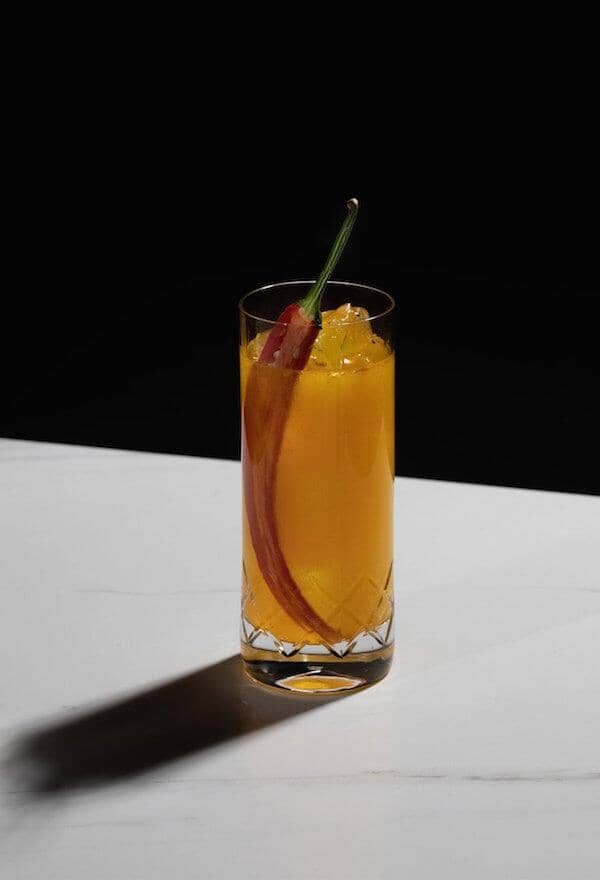 Spicy non-alcoholic gin made with Ovant Grace and garnished with a long red chilli Sans Drinks