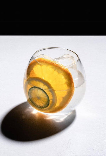 Non-alcoholic gin mocktail garnished with citrus wheels and made with ovant grace Sans Drinks