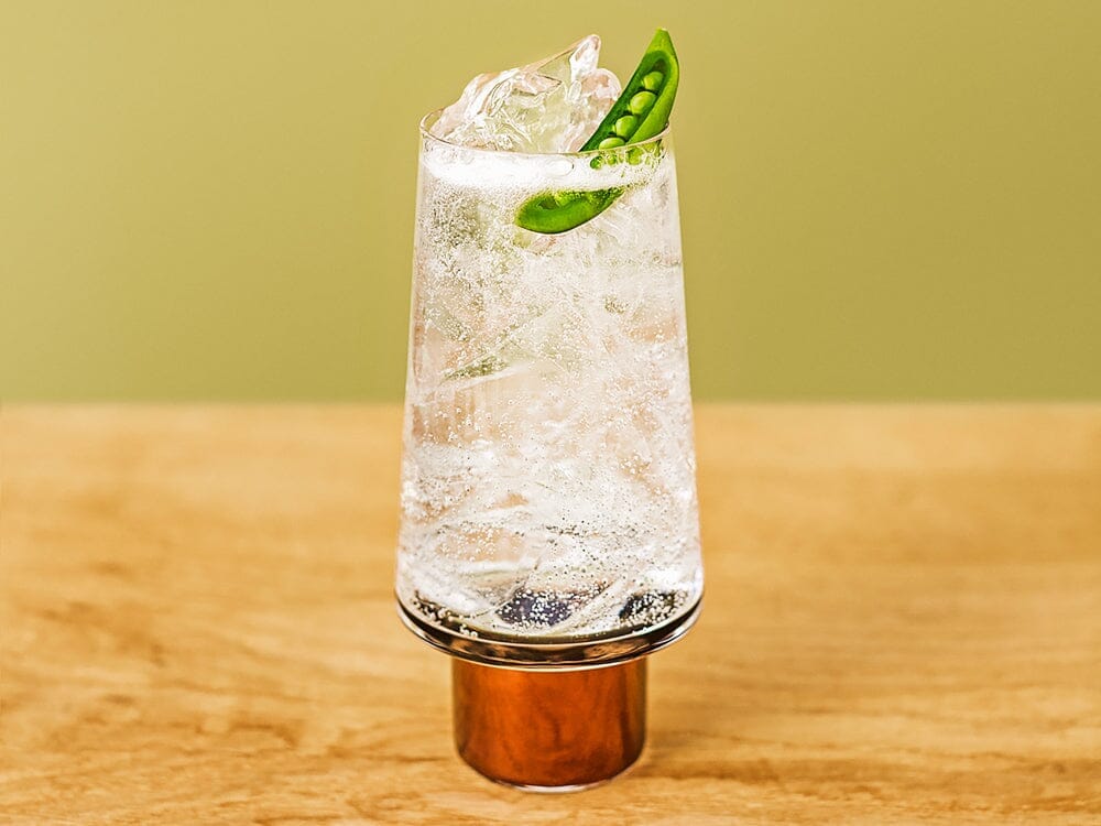 Gin and Tonic mocktail made with seedlip garden 108 and garnished with sugar snap peas Sans Drinks