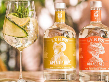 Bianco Spritz mocktail garnished with cucumber next to a bottle of Lyre's Orange Sec and Lyre's Aperitif Dry Sans Drinks