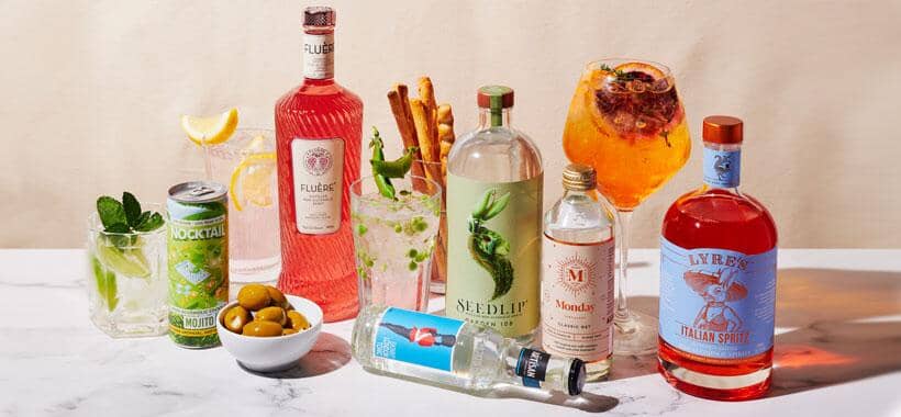A selection of non-alcoholic spirits and mixers