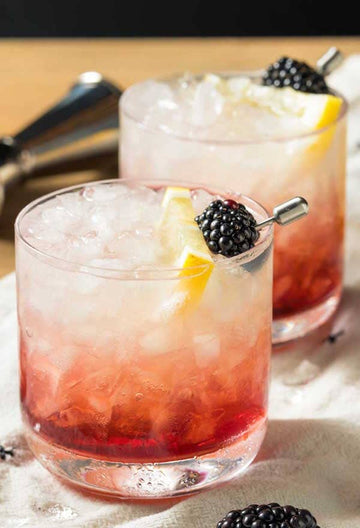 Two Bramble Gin Mocktail garnished with blackberries and made with Sans Bar Notting Hill Stroll Sans Drinks