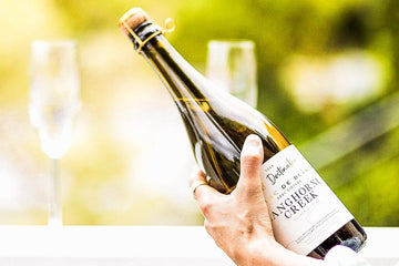 Bottle of sparkling chardonnay next to flute glasses  Sans Drinks