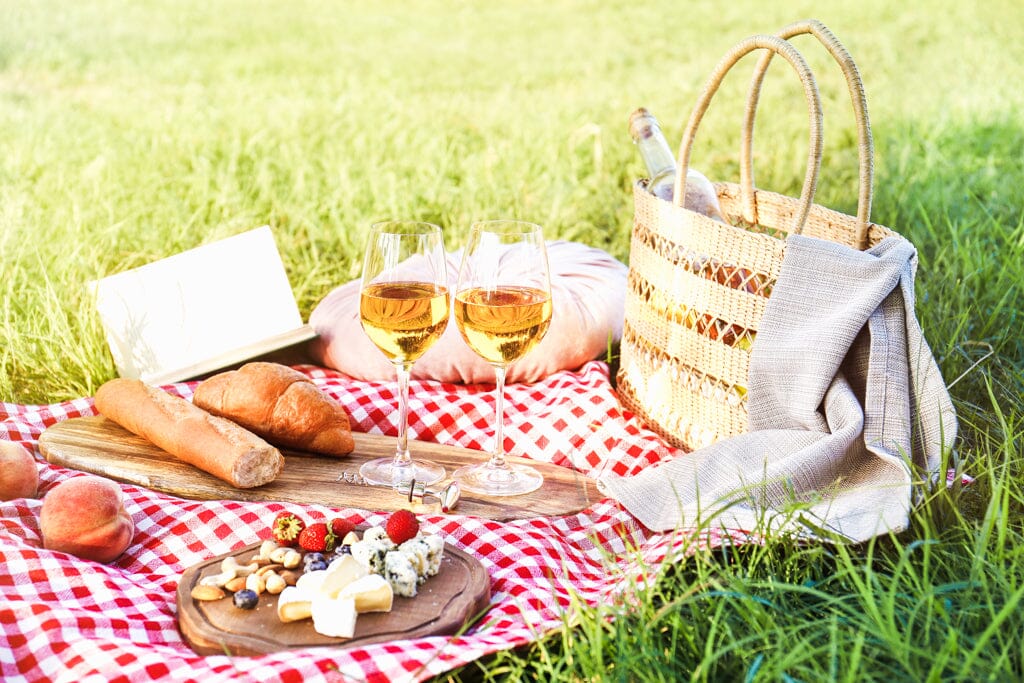 Picnic set up at the park with two glasses of non-alcoholic white wine