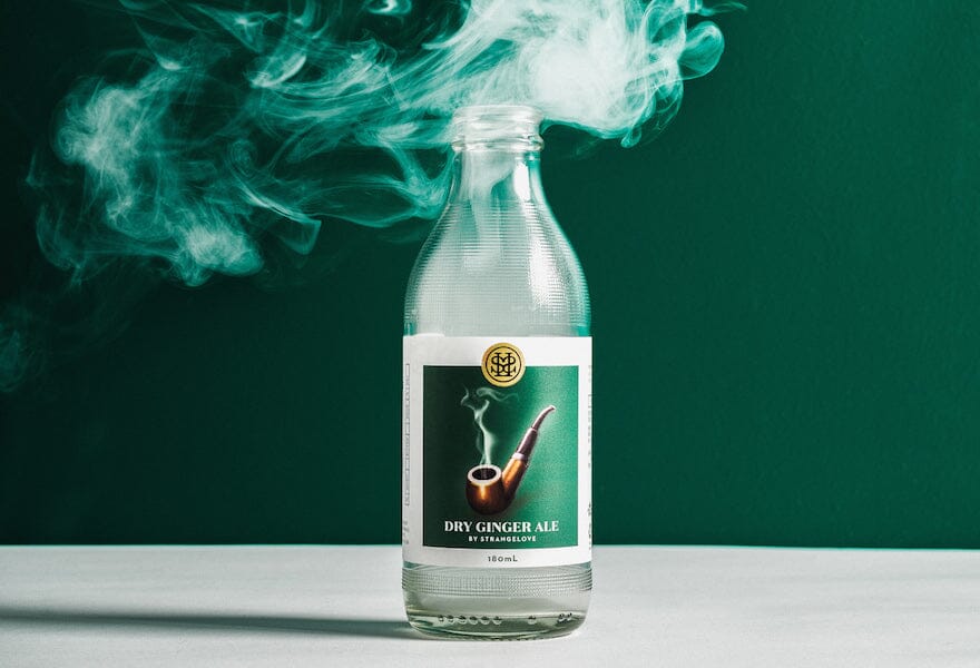 A bottle of strangelove dry ginger ale Sans Drinks