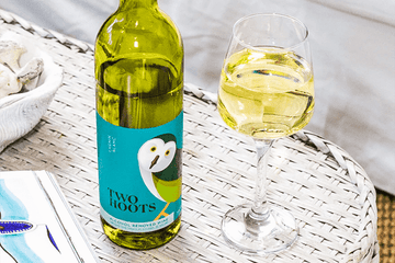 Two hoots non-alcoholic white wine bottle and wine glass Sans Drinks